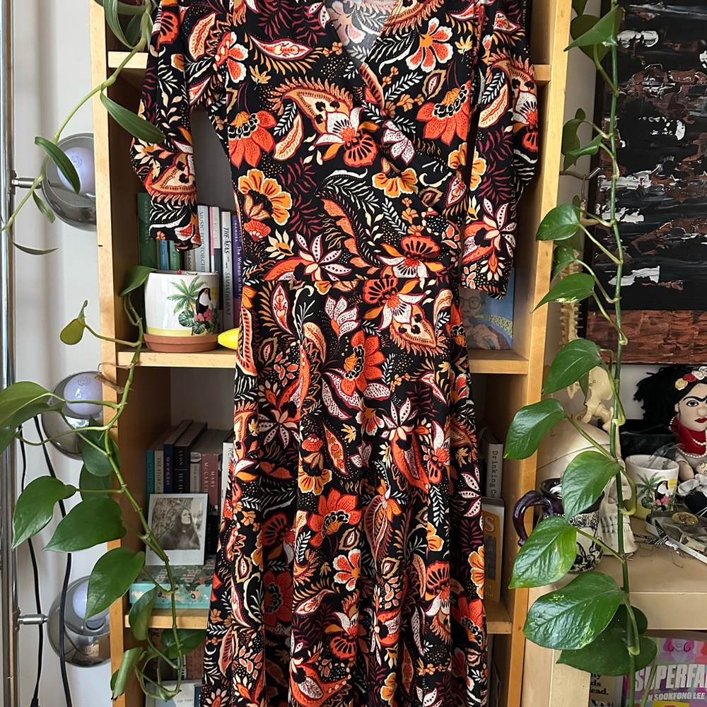 Retrolicious Orange and Black Floral Wrap Dress